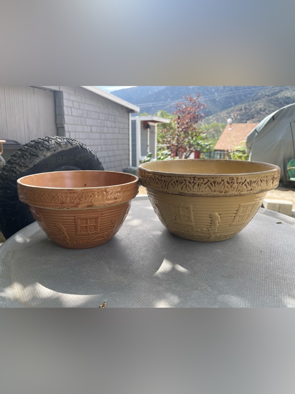 2-Antique Robinson Ransbottom girl w/watering can mixing bowls